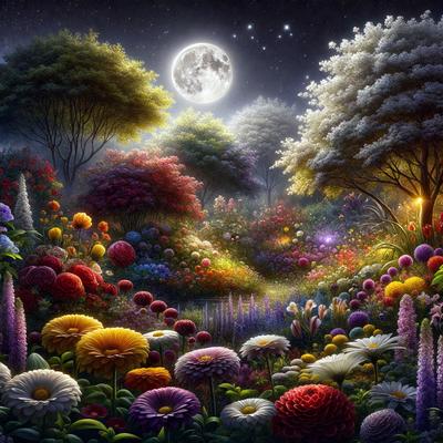 The primary subject of the image is a beautiful garden filled with a variety of flowers. The garden is set against a nighttime backdrop, with a full moon illuminating the scene. The visual style of the image is a digital art or illustration, creating a vibrant and lush atmosphere. The dominant colors in the garden are a mix of reds, yellows, and purples, creating a warm and inviting mood.